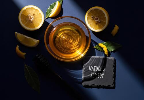 Natural Home Remedy Concept with Honey, Sliced Lemon, and 'NATURE'S REMEDY' Text on Dark Background photo