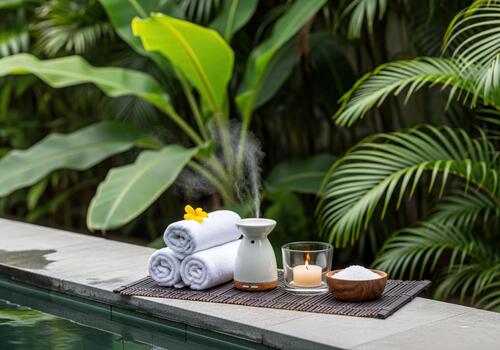 relajante spa ajuste con esencial petróleo difusor y toallas por tropical junto a la piscina foto