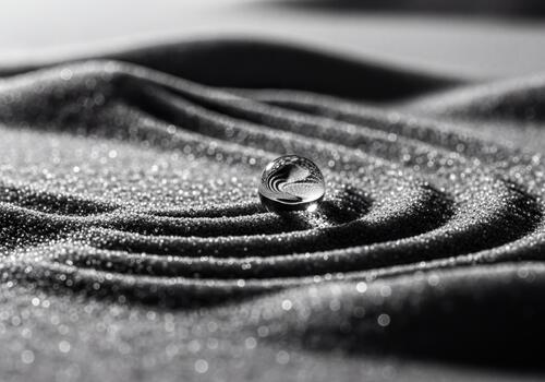 Monochrome Glass Sphere on Wavy Textured Zen Garden Sand Reflecting Light in Abstract Pattern photo