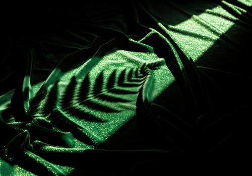 Deep Green Velvet Fabric with Glitter Sparkle and Botanical Fern Leaf Shadow Pattern photo