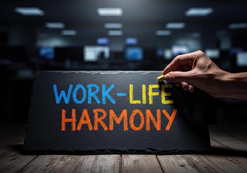 Conceptual Hand Writing Work Life Harmony with Chalk on Slate Board in Modern Office Setting photo
