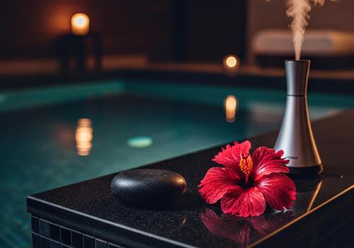 relajante noche spa ambiente con hibisco flor, aroma difusor, y piscina agua foto