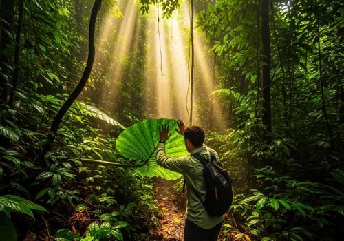 Man Adventuring Through Lush Tropical Forest with Backpack and Giant Leaf Under Sunbeams photo