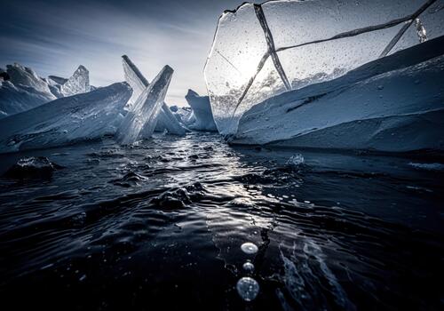 Dramatic scene of jagged ice shards breaking through dark, icy water on a frozen lake photo