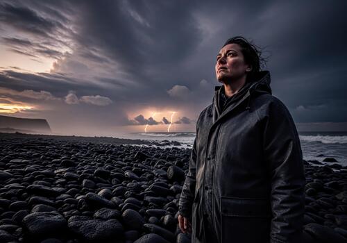 Resilient woman on a rocky beach facing a powerful storm with distant lightning flashes photo