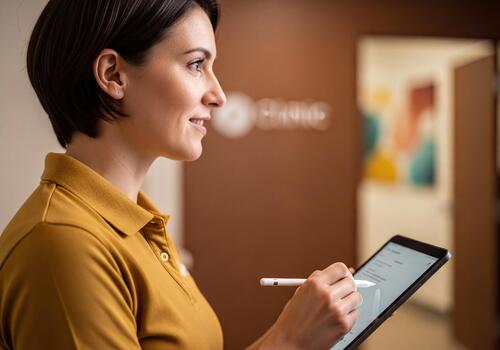 Smiling Woman Interacting with Digital Tablet Using Stylus in Modern Office photo
