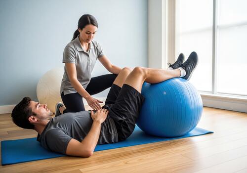 Physical Therapist Assisting Man with Core Rehabilitation Exercises on an Exercise Ball photo