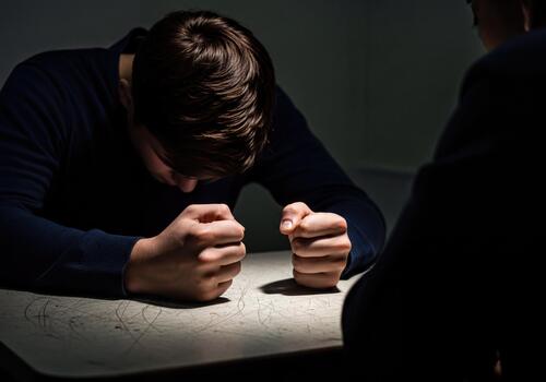 Distressed Man With Head Down And Clenched Fists Reflecting Deep Despair, Stress, Or Frustration photo