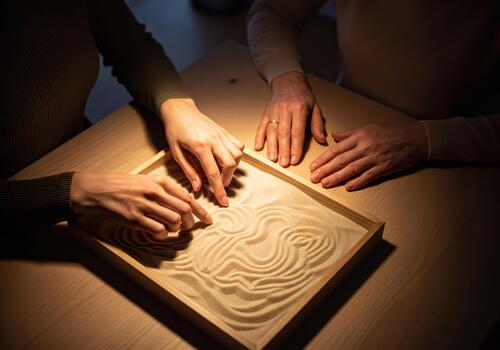 Hands of a man and woman creating soothing patterns in a calming zen garden sand tray. photo