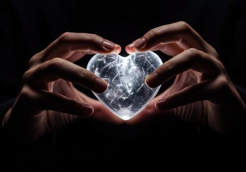 Hands Gently Cupping a Glowing Crystal Heart Against a Mysteriously Dark Background photo