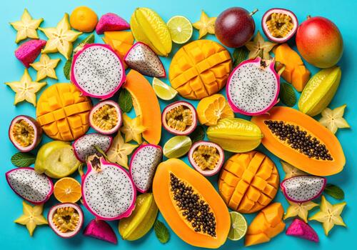 Colorful Array of Freshly Sliced Exotic Tropical Fruits on a Bright Blue Backdrop photo