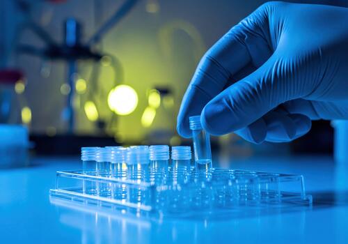 Scientist hand in blue glove selecting test tube from rack for lab analysis photo