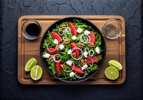 Vibrant Arugula Salad with Fresh Grapefruit, Walnuts, Red Onion, and Crumbled Cheese on Dark Background photo
