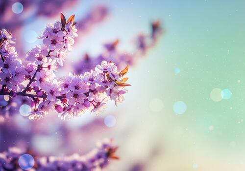 Dreamy Spring Blossoms on Tree Branch with Soft Bokeh Background and Sunlight photo