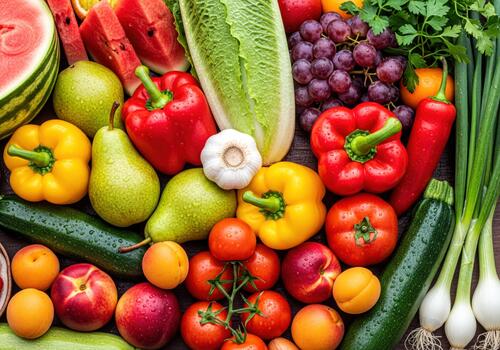 Vibrant Array of Fresh Ripe Healthy Fruits and Vegetables with Water Drops photo