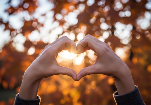 Hands Making Heart Shape with Golden Sun Beaming Through Autumn Tree Leaves photo