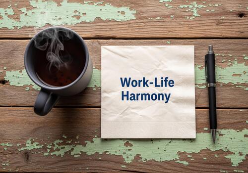 Work Life Harmony Message on Napkin by Steaming Tea Mug and Pen on Rustic Wooden Table photo
