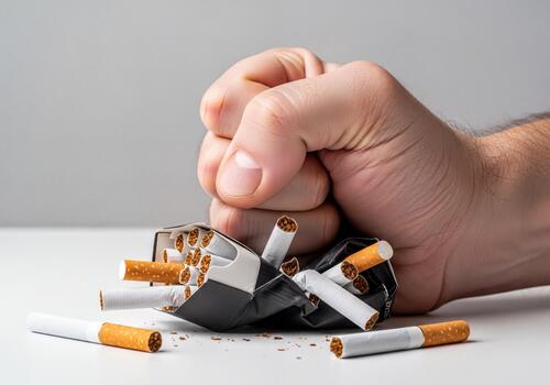 Man's Hand Crushing a Pack of Cigarettes - Symbolizing Quitting Smoking photo