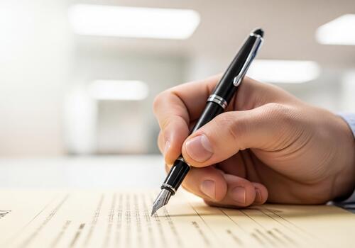 Professional Hand Signing Business Contract with Elegant Fountain Pen on Desk photo