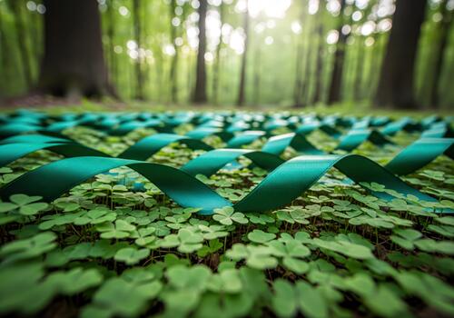 verde cinta tejido mediante Fresco trébol campo en un iluminado por el sol bosque, naturaleza conexión concepto foto