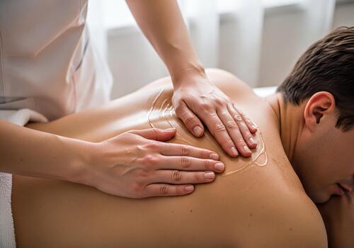 Professional Masseuse Gently Applying Massage Oil on Man's Back in a Relaxing Spa Setting photo