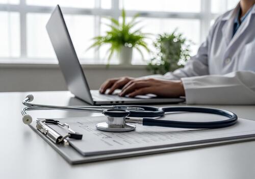 Medical Professional Typing on Laptop with Stethoscope and Patient Records in a Clinic Setting photo