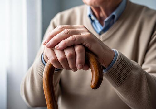 Close-up of Senior Man's Hands Resting on a Wooden Walking Cane for Support photo