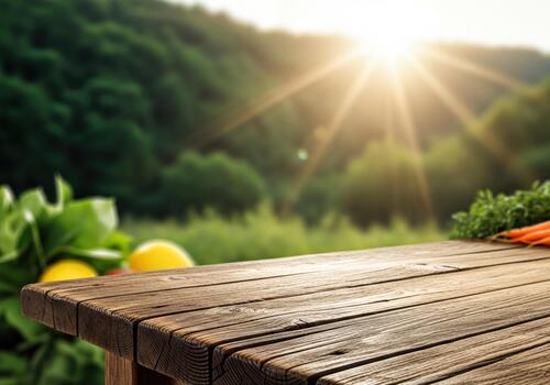 Empty Wooden Table Surface with Sunny Green Forest Background and Fresh Produce photo