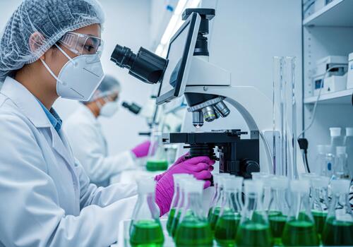 Female scientist using microscope for scientific research in a modern lab photo