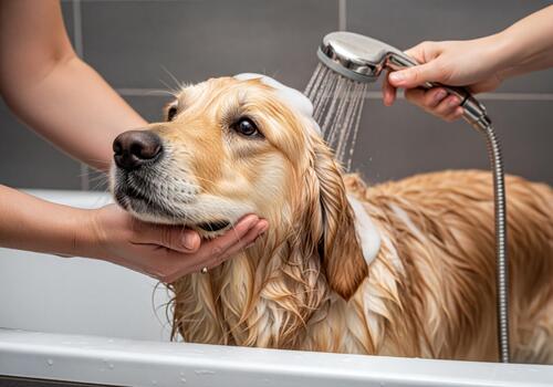 Golden Retriever Dog Enjoying a Refreshing Bath with Soap and Shower in Bathtub photo