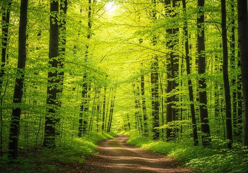 Green Forest Path Winding Through Vibrant Beech Trees in a Sunlit Spring Woodland photo