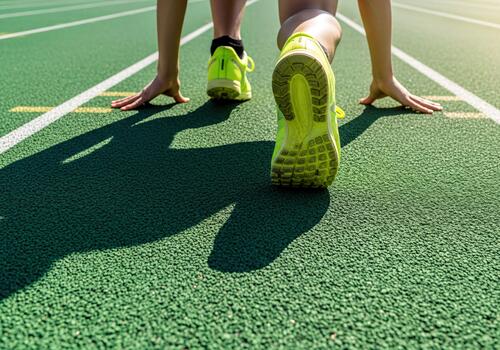 Athlete Ready to Start on Green Running Track with Hands on Line photo