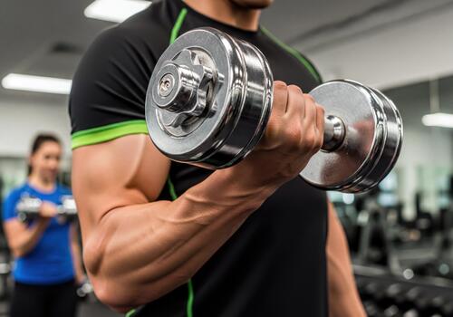 Strong Man's Arm Performing Bicep Curl with Dumbbell During Workout in Modern Gym photo