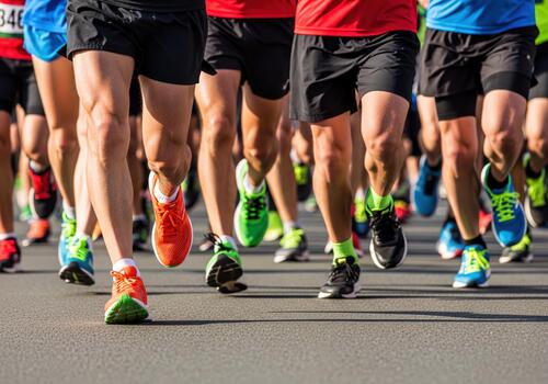 Dynamic view of athletic legs and colorful running shoes of participants in a crowded race or marathon photo