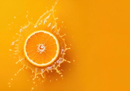 Fresh Orange Fruit Slice Splashing Dynamically into Liquid Juice Creating Vibrant Droplets photo