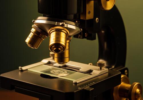 Detailed Close Up of an Antique Scientific Microscope with Gold Objective Lenses in a Laboratory photo