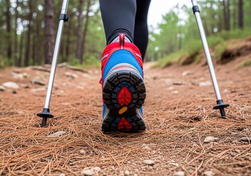 Active Hiker with Colorful Boot and Trekking Poles Walking on Pine Needle Covered Trail photo