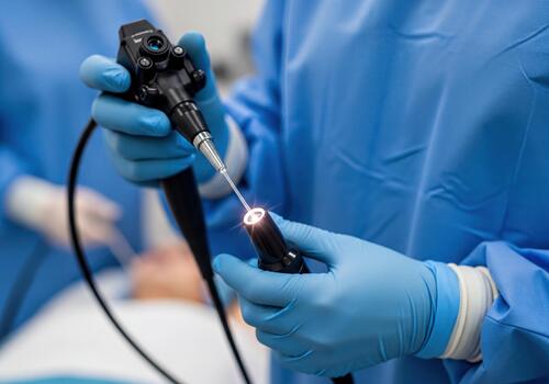 Medical Professional Using Endoscope with Illuminated Tip for Diagnostic Procedure photo