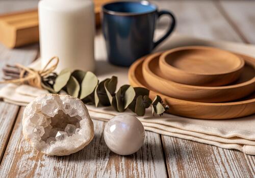 Natural Crystal Geode and Moonstone Sphere with Wellness Items on Rustic Wood Table photo