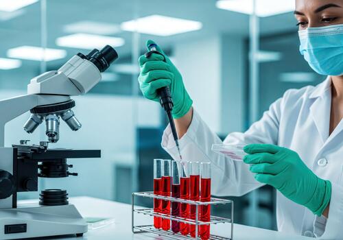 Researcher in lab coat and mask pipetting samples into test tubes photo