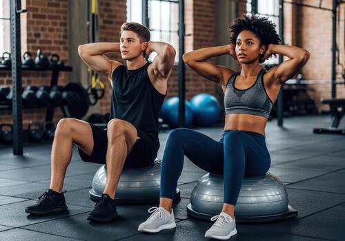Fit Man and Woman Doing Core Exercises on Stability Balls in Modern Gym Setting photo
