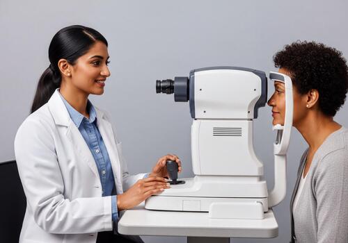Optometrist Performs Eye Examination on Patient Using Advanced Autorefractor Machine for Vision Care photo