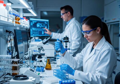 Two Scientists Conducting Research in a Modern Laboratory Environment using Advanced Equipment photo