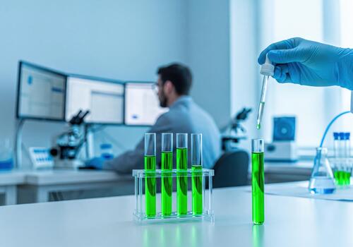 Scientist Hand Working with Dropper and Green Liquid in Test Tubes in Modern Laboratory photo