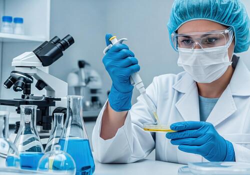 Female Scientist Performing Laboratory Experiment with Pipette and Petri Dish for Research photo