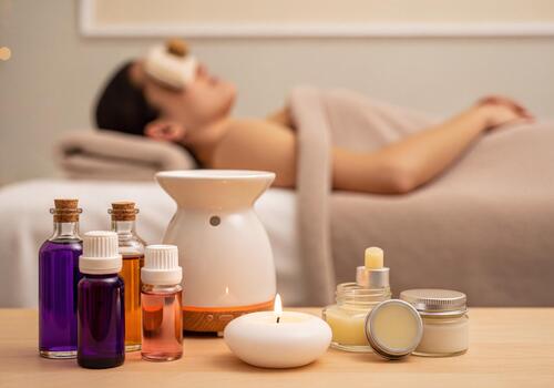 esencial aceites, aroma difusor, y spa productos para relajación y bienestar foto