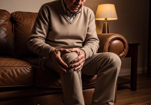 Senior Man Experiencing Chronic Knee Joint Pain While Resting on a Sofa at Home photo