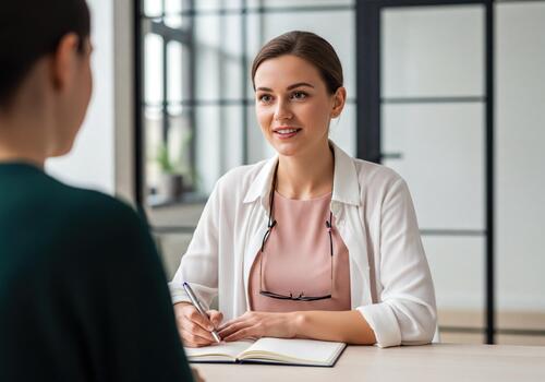 Smiling businesswoman taking notes during office meeting or consultation with client photo