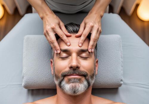 Relaxed Man Enjoying a Soothing Forehead and Facial Massage in a Tranquil Spa Setting photo
