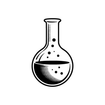 un negrita ilustración de un redondo fondo laboratorio matraz lleno con líquido y pequeño burbujas vector